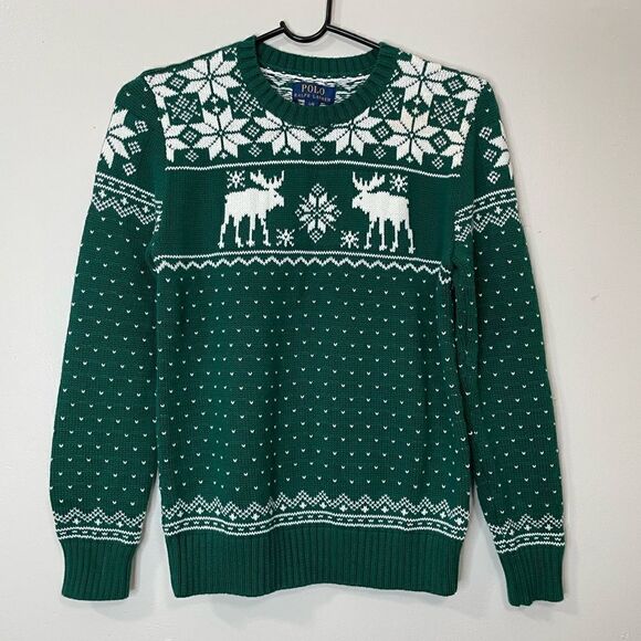 Polo Ralph Lauren Green Reindeer Print Holiday Knit Sweater Large - Picture 1 of 3